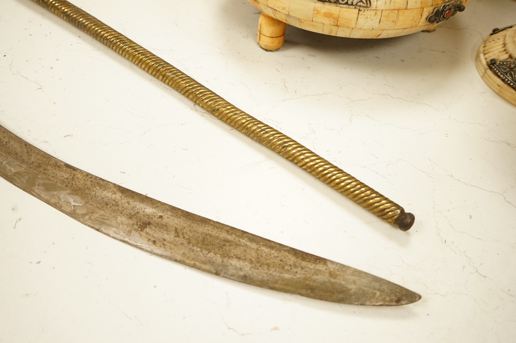 Indian tulwar and axe-head instrument-83cm long